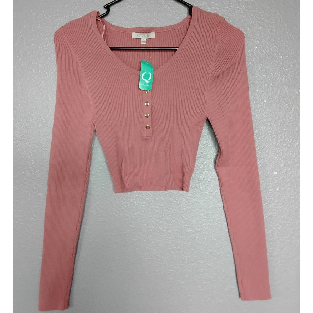 Love Tree Womens Ribbed Henley Crop Top Long Sleeve Dusty Rose Pink Large NEW